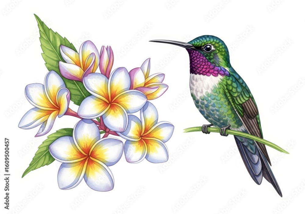 Fototapeta premium Hummingbird and Plumeria Blossoms - Vibrant illustration of a hummingbird perched on a branch next to a cluster of beautiful plumeria flowers