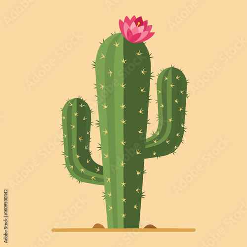 Blooming Saguaro Cactus with Pink Flower.