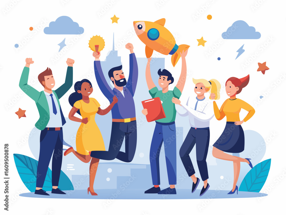 Fototapeta premium Diverse team celebrates success with rocket and lightbulb business teamwork