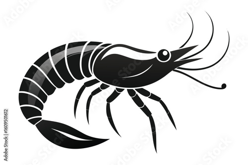 Stylized black silhouette of a shrimp on a white background