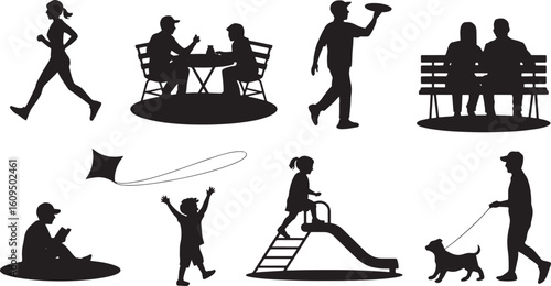 Silhouetted Figures Enjoying Outdoor Activities in a Park Setting on a Transparent Backdrop