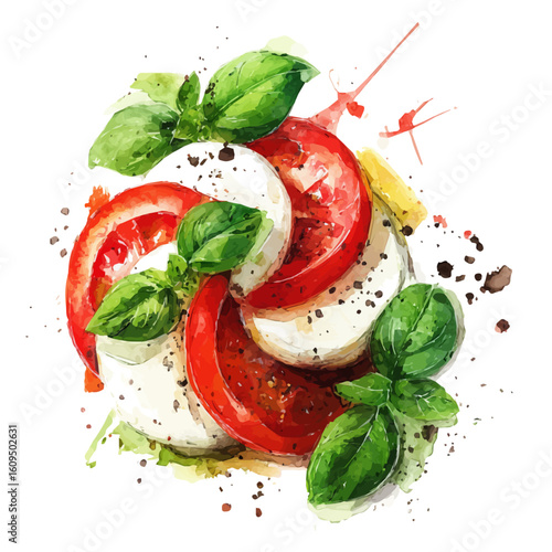 Watercolor vector illustration of Caprese Salad, isolated on white background.