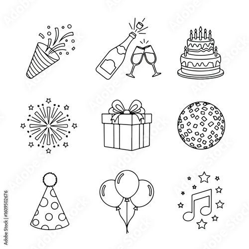 Celebrate with festive party icons champagne, cake, gifts, balloons, and music notes