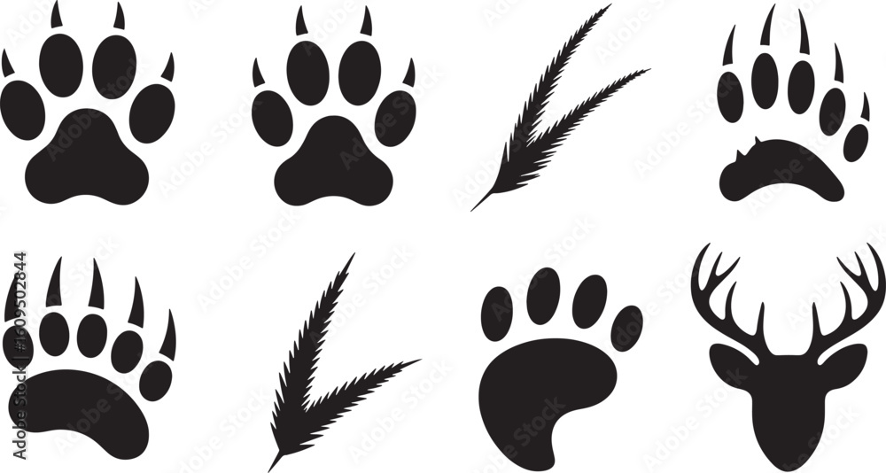 Fototapeta premium Wilderness Adventure Set Black Silhouettes of Animal Tracks, Antlers, and Feathers on Transparent