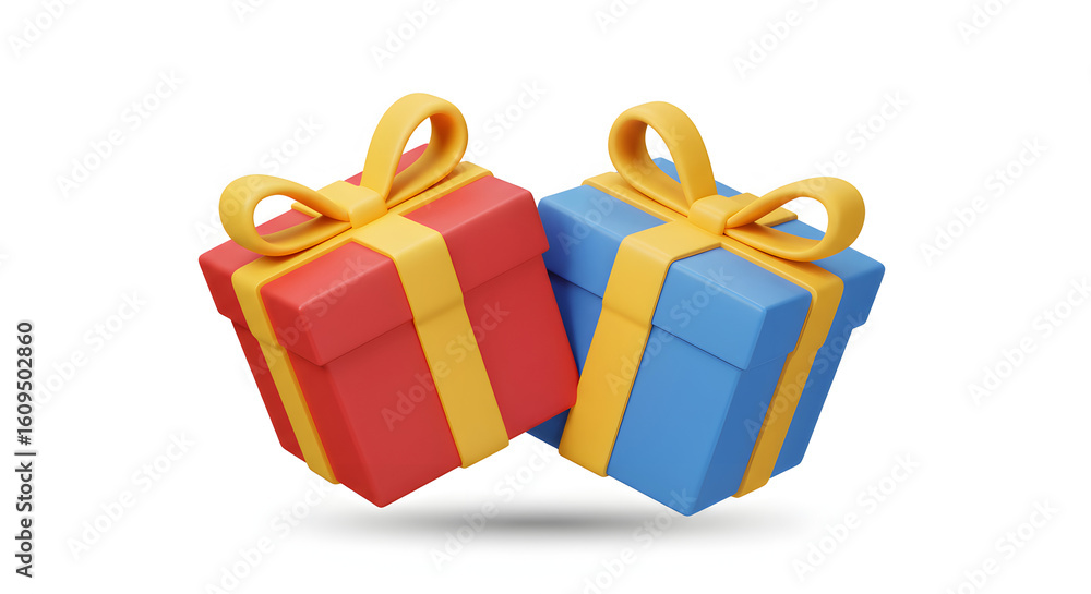 Fototapeta premium Exciting duo of vibrant red and blue gift boxes adorned with cheerful yellow ribbons, perfect for conveying celebration, joy, and thoughtful giving in any festive occasion.