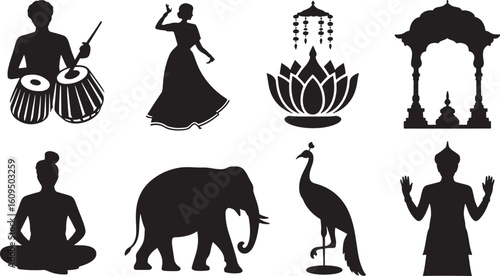 Silhouette Indian Culture Elements Vector Illustration on Transparent Background Design