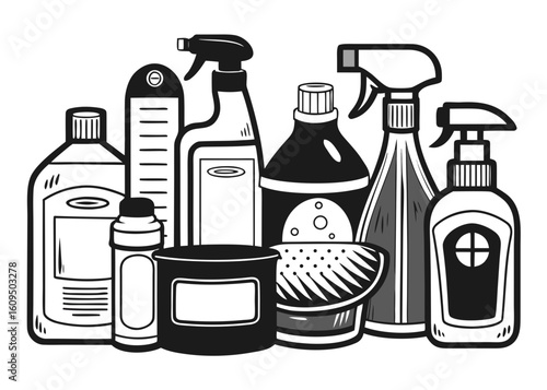 Collection of household cleaning supplies and containers