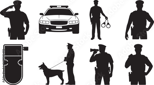 Silhouette Police Officers and Car Vector Illustration on Transparent Background Design Element