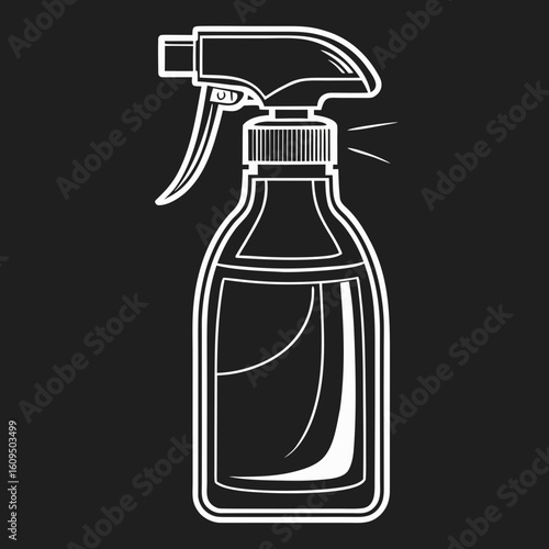 White outline spray bottle with liquid on black background