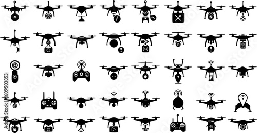 Drone unmanned aerial vehicle glyph icon set with UAV digital technology, sky camera, military and delivery aircraft robots, helicopter, remote control silhouette symbols.
