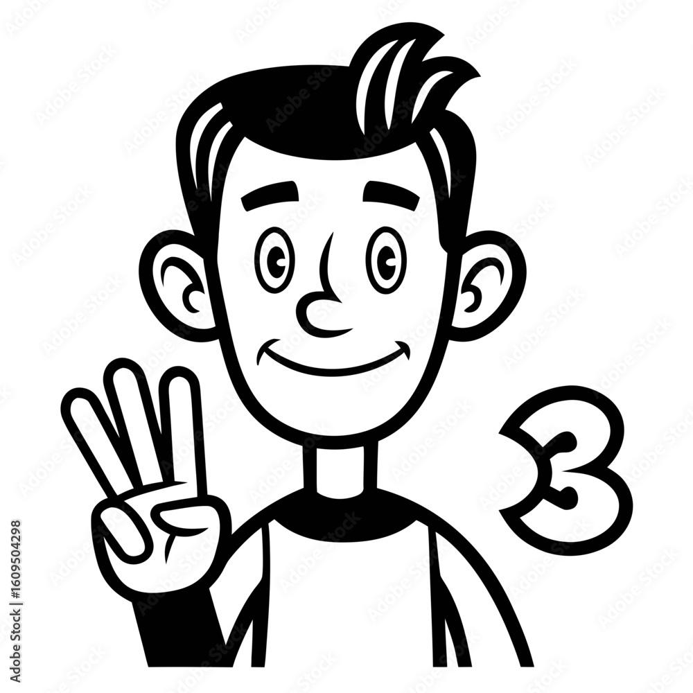 Obraz premium Cartoon boy shows three fingers and the number three
