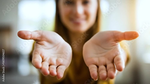 Woman offering hands with joyful expression