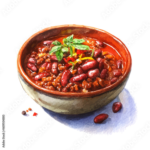 Watercolor vector illustration of Chili Con Carne, isolated on white background.