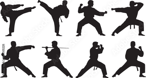 Martial Arts Silhouettes Vector Set: Karate, Taekwondo, Kung Fu, and Weaponry Poses