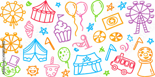 A collection of circus and carnival theme hand-drawn colorful doodles. Vector whimsical elements for print.