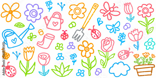 A collection of garden and spring theme hand-drawn colorful doodles. Vector whimsical elements for print.