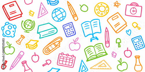 A collection of school and education theme hand-drawn colorful doodles. Vector whimsical elements for print.