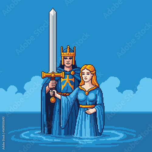 Pixel Art King and Lady of the Lake with Excalibur Sword in Water.