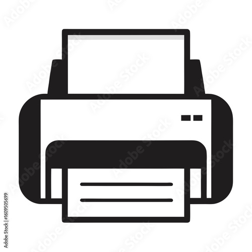 Black and white icon of a printer with paper output