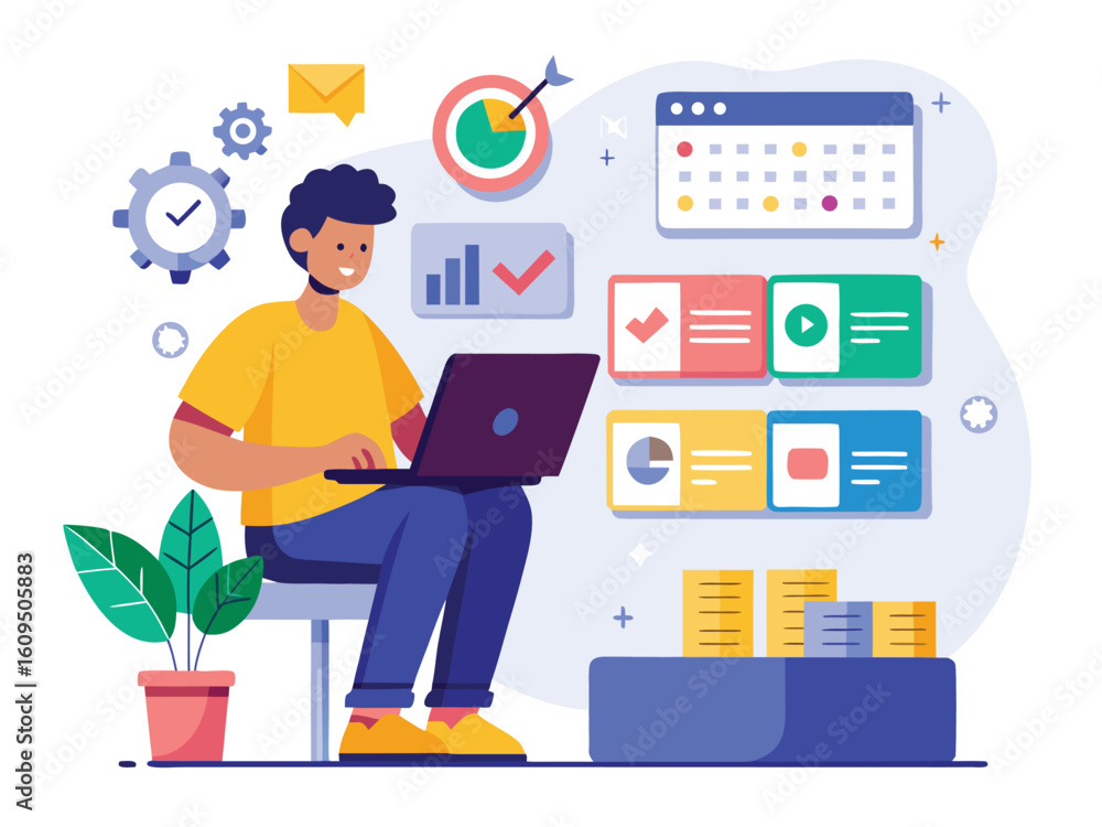Fototapeta premium Man working on laptop with project management visuals tasks calendar