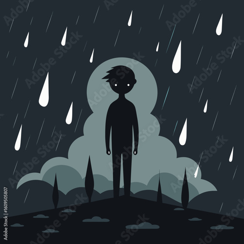 A solitary figure stands in the rain