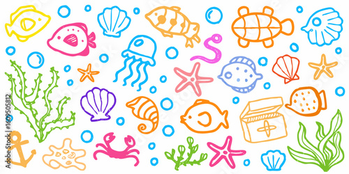 A collection of underwater sea life theme hand-drawn colorful doodles. Vector whimsical elements for print.