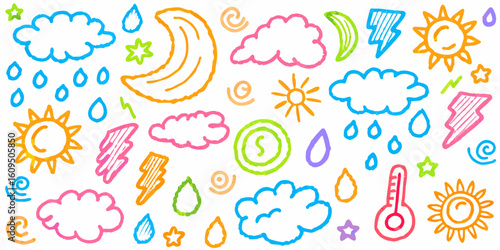 A collection of weather and nature theme hand-drawn colorful doodles. Vector whimsical elements for print.