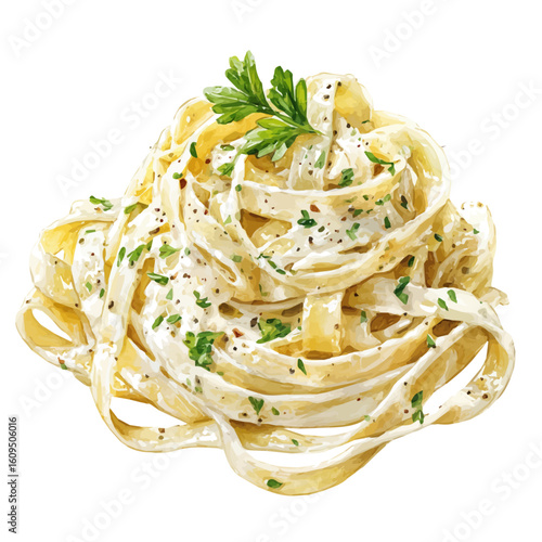Fettuccine Alfredo in watercolor style, vector illustration, isolated on white background.