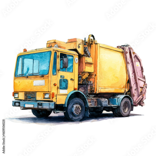 Watercolor vector illustration of Garbage Truck, isolated on white background.