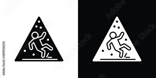 Slippery ice signs. black and white line icons pack.