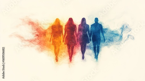 Silhouettes of Four People Walking with Colorful Smoke