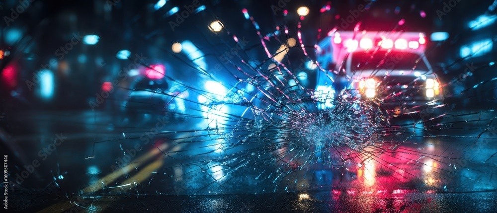 Fototapeta premium The shattered windshield revealing emergency response on a rainy night.