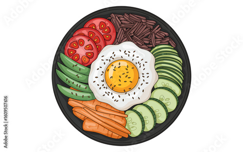 Vibrant digital illustration of korean bibimbap dish