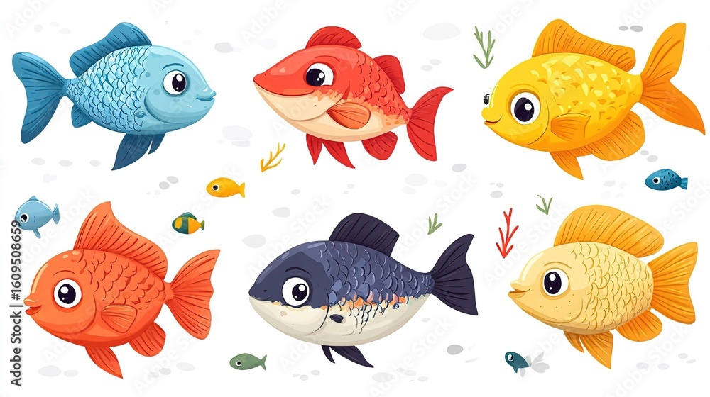 Naklejka premium Set of Colorful Cartoon Fish with Smaller Fish and Seaweeds on White Background
