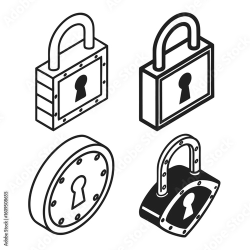 Four isometric padlock icons with keyholes security