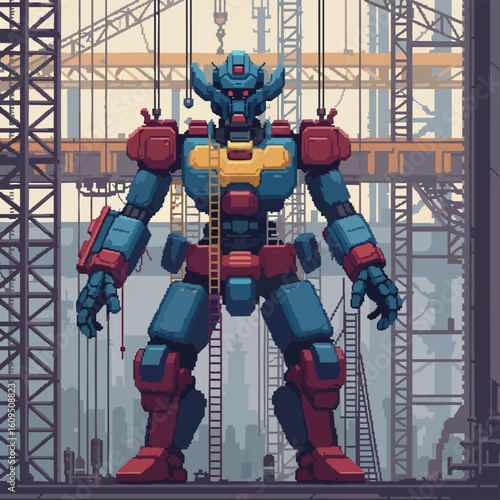 Pixelated Robot in Construction Blue and Red Colors.