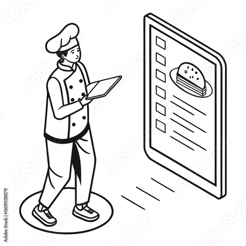 Chef using tablet to view menu with food item cooking