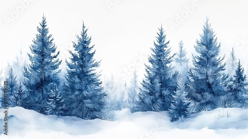Winter Pine Forest Landscape in Blue Watercolor Style 