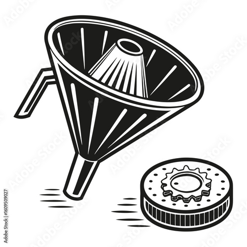 Black and white illustration of a funnel and a filter