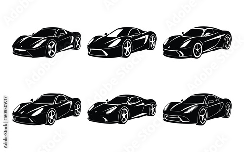 Six Black Sports Car Silhouettes Design Collection