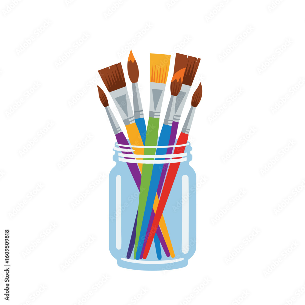 Obraz premium Colorful paintbrushes in a glass jar.
