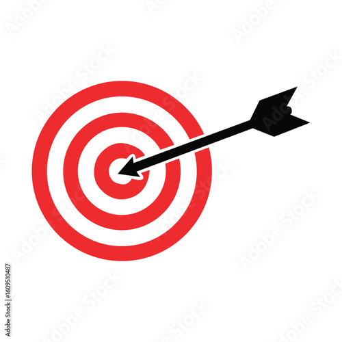 target icon vector, Flat red bullseye icon with arrow in center for marketing accuracy business goal success focus or precision planning in strategy concept
