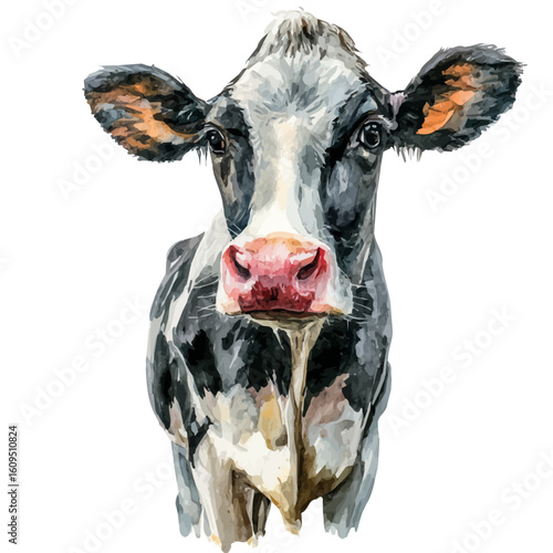 Dairy Cow, watercolor painting, vector illustration, isolated on a white background.