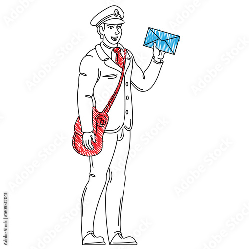 Postman. Mail delivery. Postman with a letter. Mail. Beautiful hand drawn drawing. Linear symbol logo. Drawing icon.