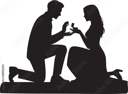 Silhouette of a Man Proposing to a Woman with Ring Box on Transparent Background Vector
