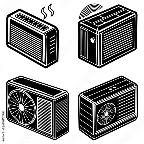 Isometric illustration of four air conditioning units with different designs and features shown in black and white