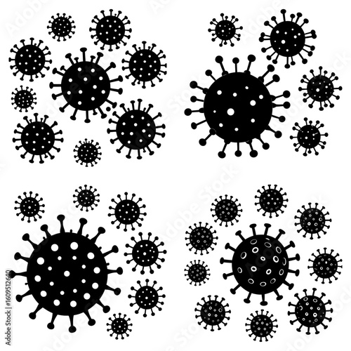 Silhouette illustration of coronavirus cells with spiky projections and circular bodies on a white background
