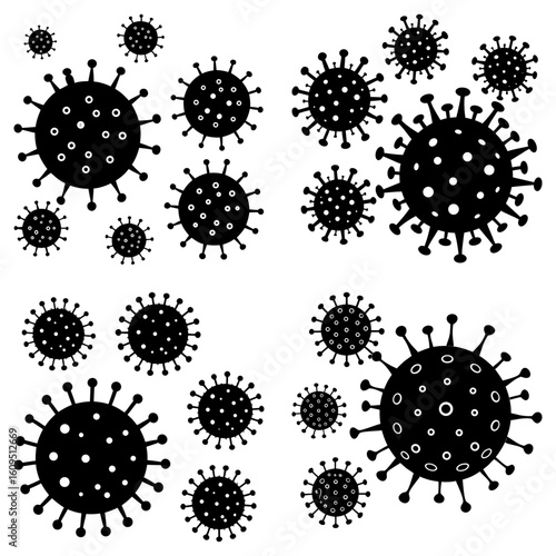 Black and white illustration of multiple coronavirus cells of varying sizes on a white background layout