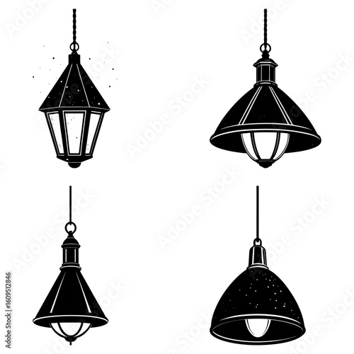 Illustration of four different hanging lamps with varying designs in black and white color palette