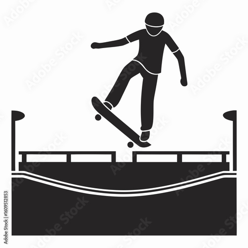 Silhouette of skateboarder performing a trick on a ramp, graphic design element with transparency